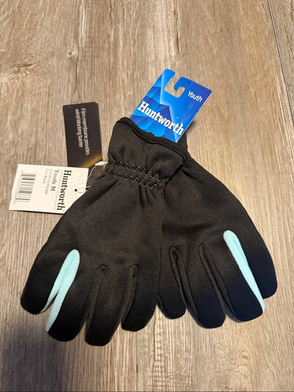 Huntworth Youth Black Mittens with Light Blue Accent